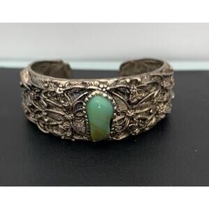 Silver Tone Faux Turquoise Stone Leaf Detail Large Chunky Cuff Bracelet